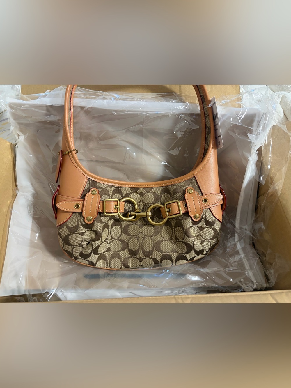 Coach Signature Canvas Shoulder Bag in Brown and Tan with Gold Hardware
